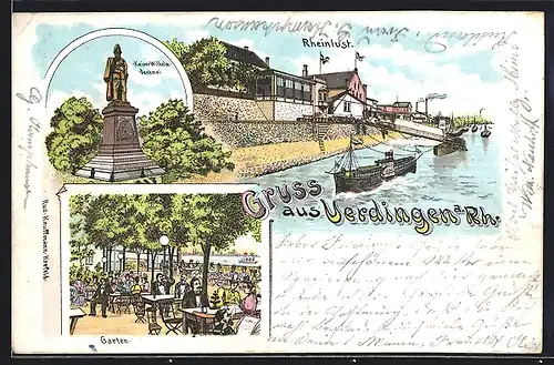 Lithographie Uerdingen, Gasthaus Rheinlust mit Garten und Lastenrutsche am Ufer, Kaiser-Wilhelm-Denkmal