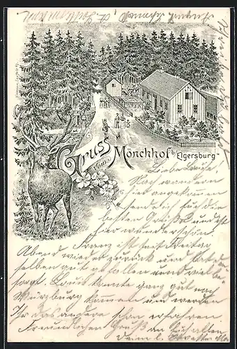 Lithographie Elgersburg, Gasthaus Mönchhof mit Hirsch