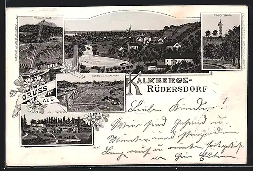 Lithographie Rüdersdorf, Kalkberge - Hohe Halde, Tiefbau vom Glockenberg, Ortsansicht
