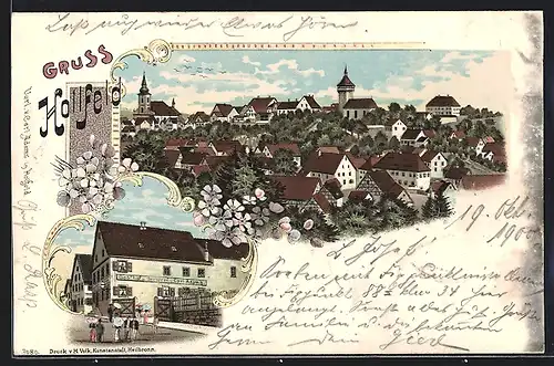 Lithographie Hollfeld, Gasthof Cal Adams, Teilansicht mit Kirche