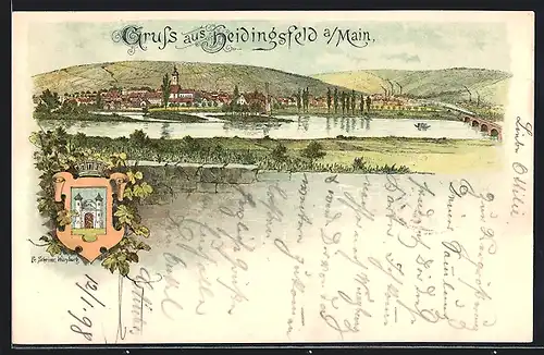 Künstler-AK sign. Franz Scheiner: Heidingsfeld a. Main, Uferpartie, Wappen