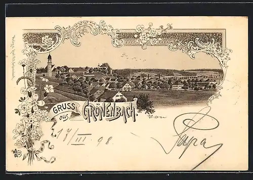 Lithographie Grönenbach, Panoramablick auf die Ortschaft