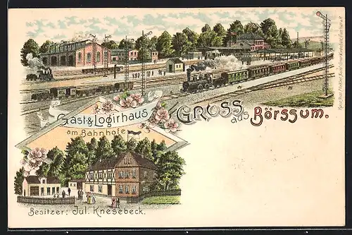 Lithographie Börssum, Gasthaus am Bahnhofe von J. Knesebeck, Bahnhof aus der Vogelschau