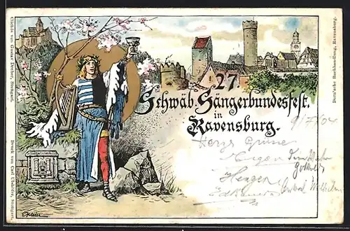 Lithographie Ganzsache PP27C52 /02: Ravensburg, 27. Schwäbisches Sängerbundesfest 1904, Festpostkarte