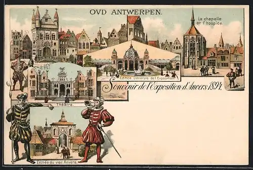 Vorläufer-Lithographie Antwerpen, Exposition d`Anvers 1894, Théatre, La chapelle et l`hospice