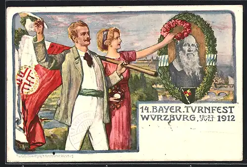 AK Ganzsache Bayern PP27C62 /03: Würzburg, 14. Bayer. Turnfest 1912, Sportlerpaar mit Flagge, Turnvater Jahn