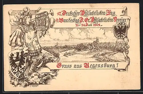 Lithographie Ganzsache Bayern: Regensburg, 17. Deutscher Philatelisten Tag 1905