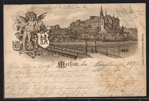 Vorläufer-Lithographie Meissen, 1890, Panorama mit Brücke und Albrechtsburg, Wappen