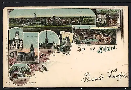 Lithographie Sittard, Stadhuis, Parochie-Kerk, Pensionaat der Ursulinen