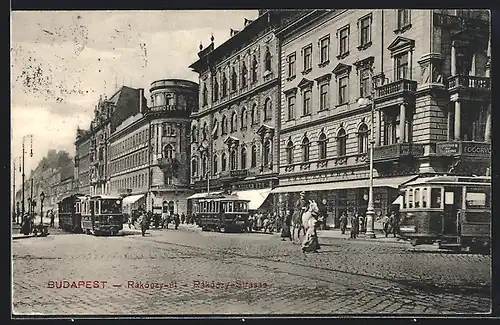 AK Budapest, Strassenbahnen in der Rákóczy-Strasse