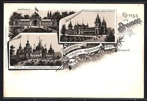 Lithographie Bremen, Gewerbe-u. Industrie-Ausstellung 1890, Handelsausstellungsgebäude, Kunsthalle