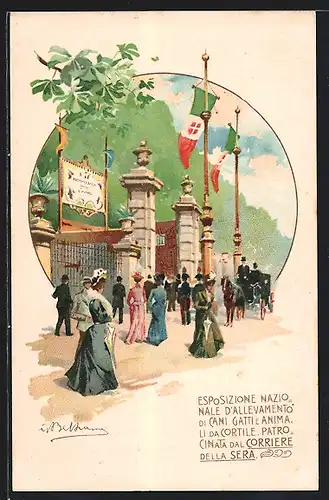 Lithographie Mailand, Esposizione Nazionale d`Allevamento di Cani, Gatti e Anima, Ausstellung, Eingangstor