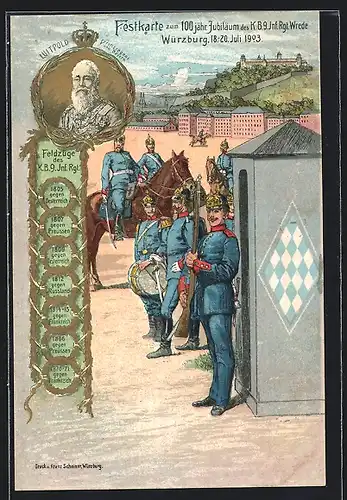 Lithographie Würzburg, Festkarte zum 100 jährigen Jubiläum des K.B. 9. Inf. Rgt. Wrede, Konterfei Luitpold Prinzregent