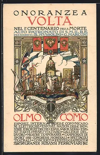 Künstler-AK Como, Onoranze a Volta, 1. Centenario della Morte alto Patronato di S. M. il Re 1927