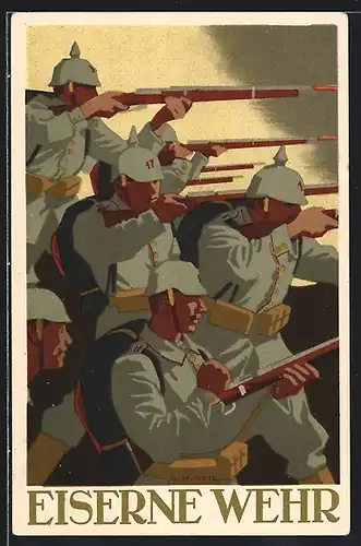 Künstler-AK W.I.: Eiserne Wehr, Soldaten mit Gewehr im Anschlag, IR 17