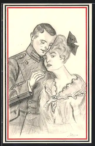 Künstler-AK Handgemalt: Soldat und seine Frau liebkosen sich
