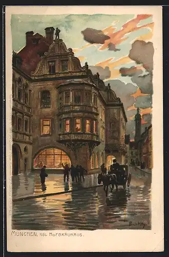 Künstler-Lithographie Paul Hey: München, Partie am Kgl. Hofbräuhaus