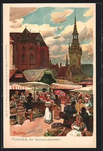 Künstler-Lithographie Paul Hey: München, Markt am Victualienmarkt