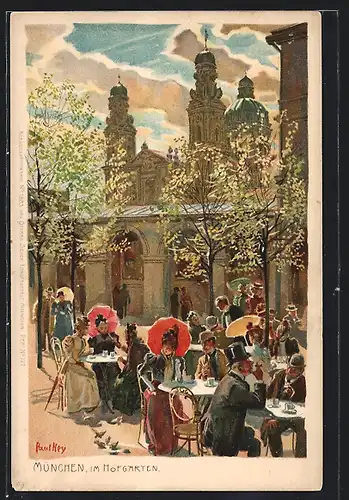 Künstler-Lithographie Paul Hey: München im Hofgarten im Sommer