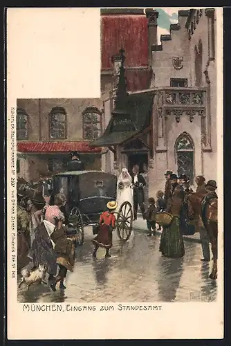 Künstler-Lithographie Paul Hey: München, Eingang zum Standesamt, frisch verheiratetes Paar kommt heraus