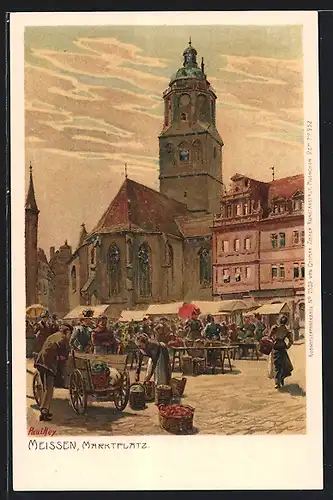 Künstler-Lithographie P. Hey: Meissen, Marktplatz mit geschäftigem Treiben