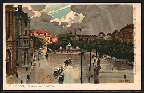 Künstler-Lithographie Paul Hey: München, Maximiliansplatz nach einem Gewitterschauer