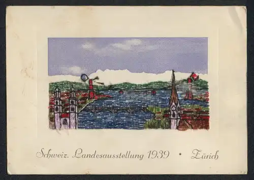 Seidenstick-AK Zürich, Schweiz. Landesausstellung 1939, gesticktes Motiv Stadt