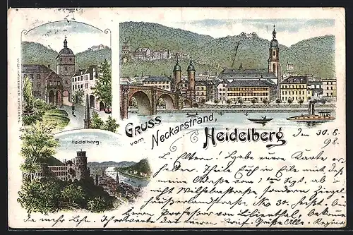 Lithographie Heidelberg, Panorama mit Neckarbrücke, Strassenpartie, Ortsansicht aus der Vogelschau