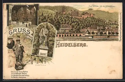 Lithographie Heidelberg, Gesamtansicht, Perkeo, Scheffel-Denkmal