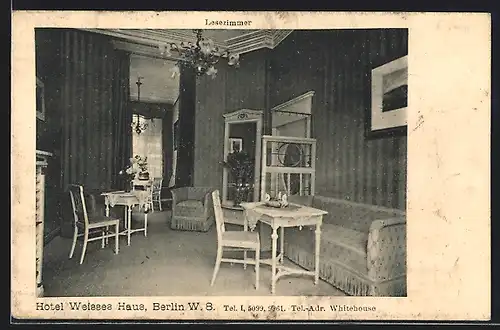 AK Berlin, Hotel Weisses Haus in der Krausenstrasse 1, Lesezimmer