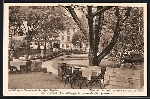 AK Dresden, Hotel Bellevue, Blick vom Speisesaaal in den Garten