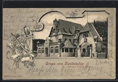 Passepartout-AK Berlin-Grunewald, Gasthaus Hundekehle H. Otto, Strassenansicht, Jagd-Stilleben