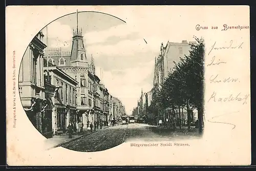 AK Bremerhaven, Bürgermeister Smidt Strasse mit Passanten und Strassenbahnen