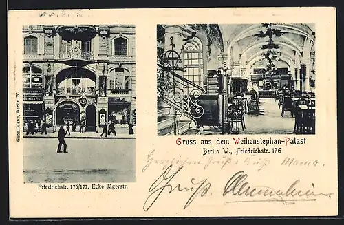 AK Berlin, Gaststätte Weihenstephan, Friedrichstrasse 167 /177, Ecke Jägerstrasse, mit Innenansicht