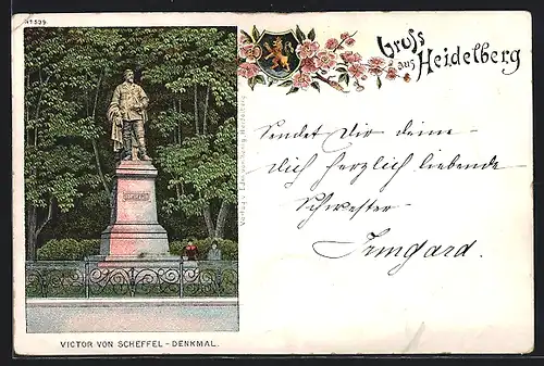 Lithographie Heidelberg, Victor von Scheffel-Denkmal