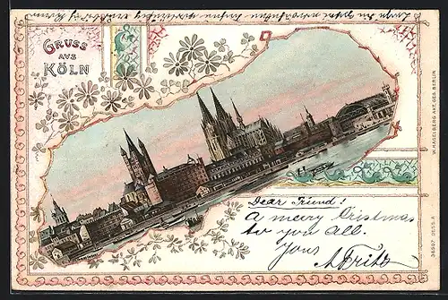 Lithographie Köln, Uferpartie mit Kirche, Passepartout
