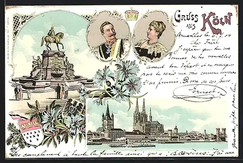 Lithographie Köln, Kaiserpaar Wilhelm II., Denkmal Wilhelm I., Uferpartie mit Dom