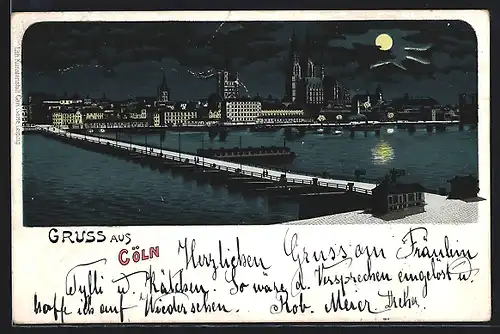 Lithographie Cöln, Uferpartie bei Nacht
