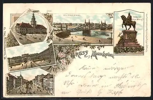 Lithographie Mannheim, Ortsansicht, Rathaus, Schloss