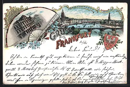 Lithographie Alt-Frankfurt, Teilansicht mit Brücke, Göthe`s Geburtshaus im Fächer