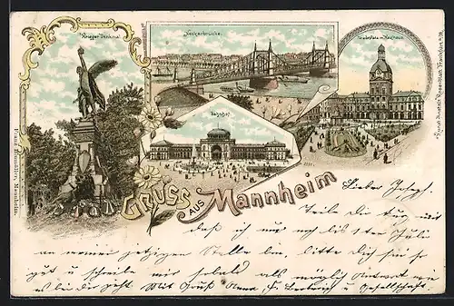 Lithographie Mannheim, Krieger Denkmal, Neckarbrücke und Bahnhof
