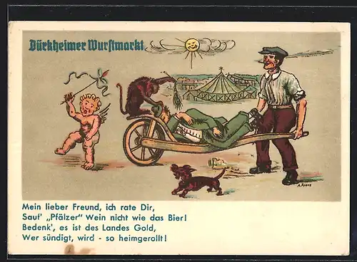 Künstler-AK Dürkheim, Volksfest Dürkheimer Wurstmarkt, Betrunkener auf einem Karren