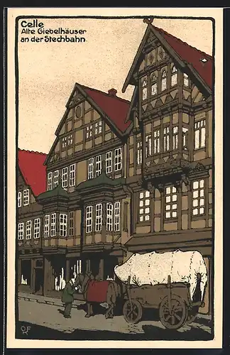 Steindruck-AK Celle, Alte Giebelhäuser an der Stechbahn