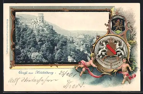 Passepartout-Lithographie Heidelberg, Blick auf Burg, Wappen, Engel