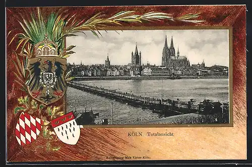 Passepartout-Lithographie Köln, Totalansicht mit Wappen