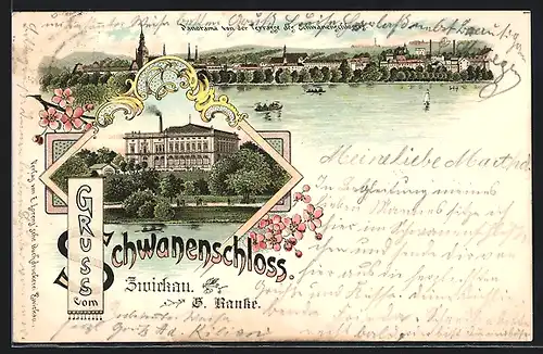 Lithographie Zwickau, Ortspanorama von der Terrasse des Schwanenschlosses, das Schwanenschloss