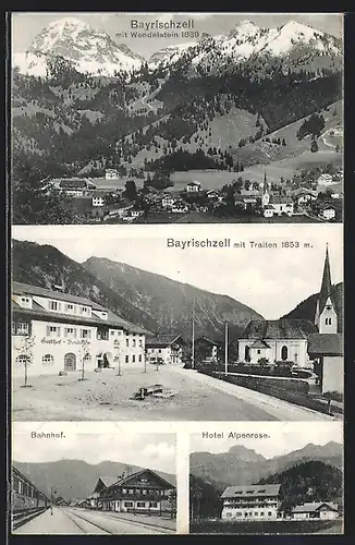 AK Bayrischzell, Blick auf Hotel Alpenrose, Ortsansicht mit Wendelstein