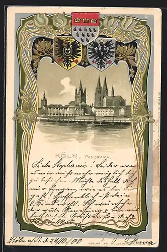 Passepartout-Lithographie Köln, Stadtpanorama, Wappen