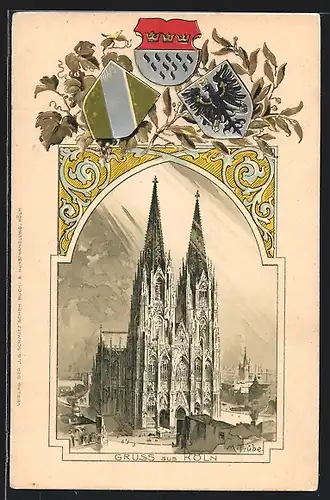 Passepartout-Lithographie Köln, Panoramablick auf den Dom, Wappen
