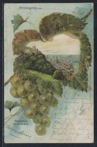 Passepartout-Lithographie Heidelberg, Totalansicht, Weinrebe, Glitzer-Perlen